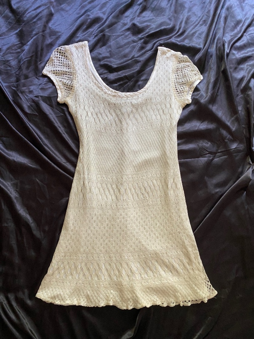 Vintage 1990s Ivory Crochet Mini Dress Boho Jane Birkin XS/S